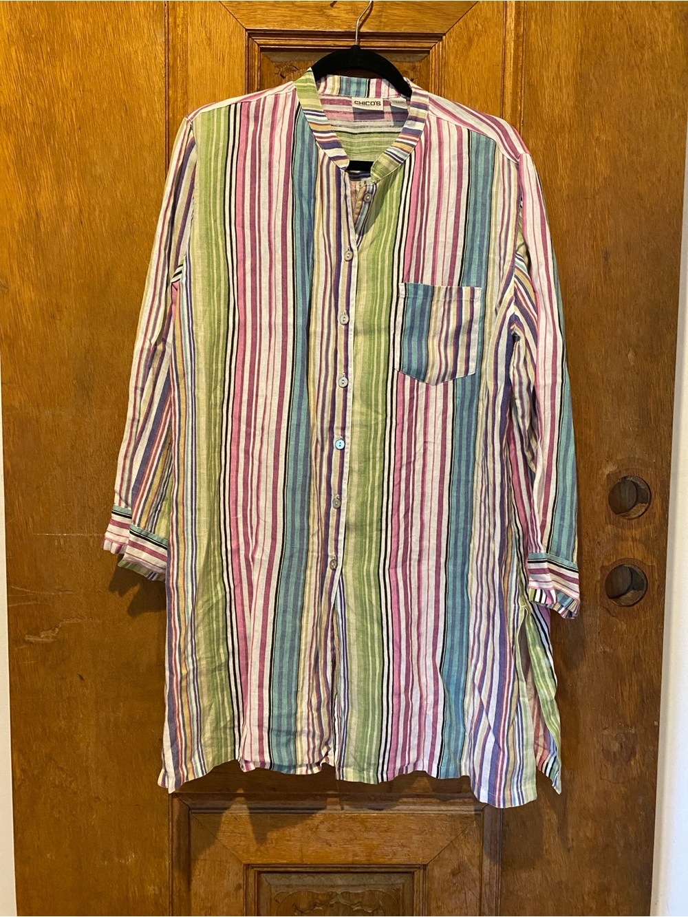 Chicos 100% linen striped long tunic top size 2 medium blue pink white green